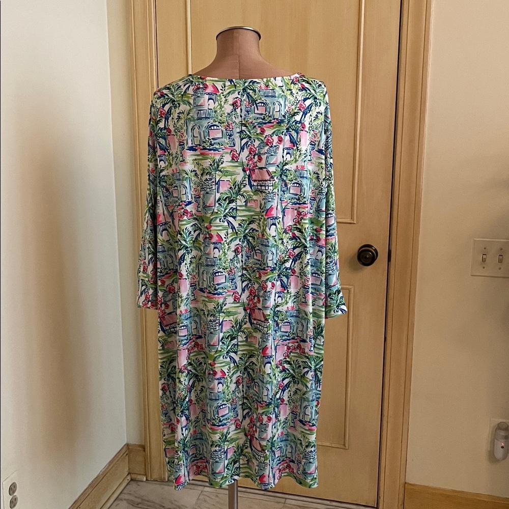 STELLA PARKER Cruise Summer Party Gold Buttons Stretch Tropical Print Sheath 3X - Picture 3 of 16
